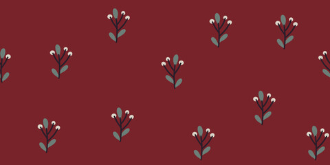 Deep Red Background with Minimalist Berry Sprig Pattern