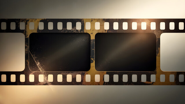 Vintage film strip with empty frames and nostalgic light flares evokes cinematic memories and storytelling