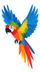 Fototapeta premium Vibrant macaw parrot in flight with colorful wings spread wide.