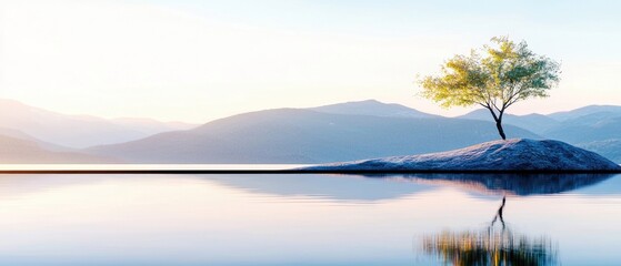 A solitary tree stands on a small island in a tranquil lake, with mountains in the background. The scene is bathed in the soft light of sunrise, creating a peac