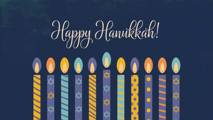Celebrate Hanukkah with vibrant menorah candles glowing joyfully on a festive dark blue background