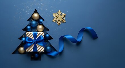 Christmas tree cutout displays gift and ornaments on blue surface with ribbon and snowflake for a festive holiday scene.