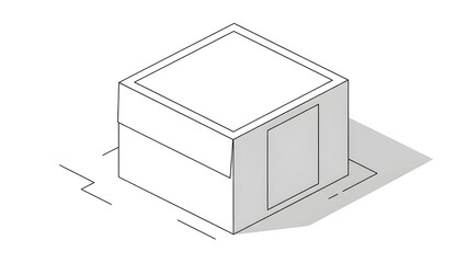 A minimalist isometric box illustration created in clean black line art with soft shading. The simple geometric design features a three-dimensional rectangular box with defined edges and subtle shadow