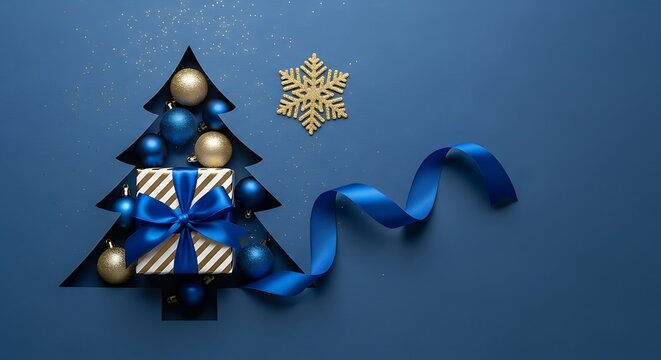 Christmas tree cutout displays gift and ornaments on blue surface with ribbon and snowflake for a festive holiday scene.