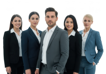 A group of five business people standing together in formal attire