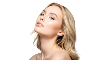 Elegant young blonde woman with a serene expression and luminous healthy skin highlighted by natural makeup ideal for beauty wellness and self-care concepts