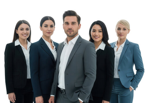 A group of five business people standing together in formal attire
