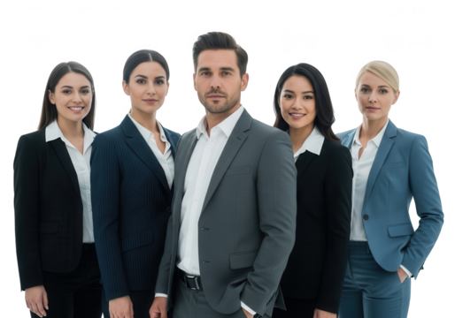 A group of five business people standing together in formal attire