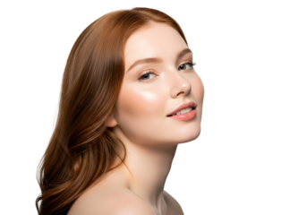 Elegant young woman with vibrant auburn hair and luminous, healthy skin, captured in a serene portrait reflecting natural beauty, youth, and graceful confidence for skincare and wellness marketing