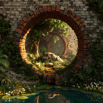 ancient brick moon gate opening into lush hidden garden