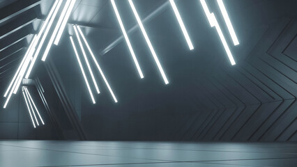 Futuristic dark interior with bright neon tube lights creating a modern, abstract, and dynamic atmosphere