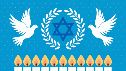 Symbolic Jewish peace doves and lit candles beneath a Star of David surrounded by olive branches