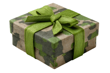 Square gift box wrapped in camouflage fabric and tied with a bright lime green textured ribbon isolated transparent background.