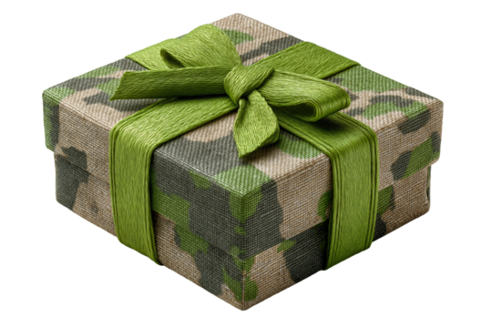 Square gift box wrapped in camouflage fabric and tied with a bright lime green textured ribbon isolated transparent background.