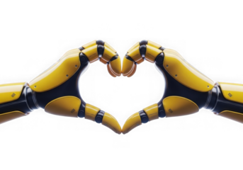 Two yellow and black robot arms forming a heart shape on a black background
