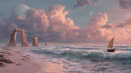 Serene coastal landscape featuring a small sailboat navigating gentle waves, with dramatic clouds and a celestial backdrop, creating a tranquil and dreamlike atmosphere