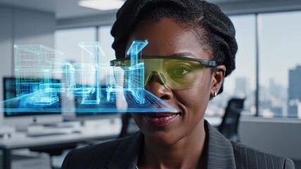 African american woman using augmented reality glasses in modern office. Viewing evolving holographic cityscape models. Virtual architecture visualization technology concept. - Powered by Adobe