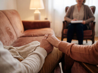 Young couple holding hands at marriage counseling session reconciliation relationship advice love support psychology husband and wife therapy trust mental health resolving conflict togetherness