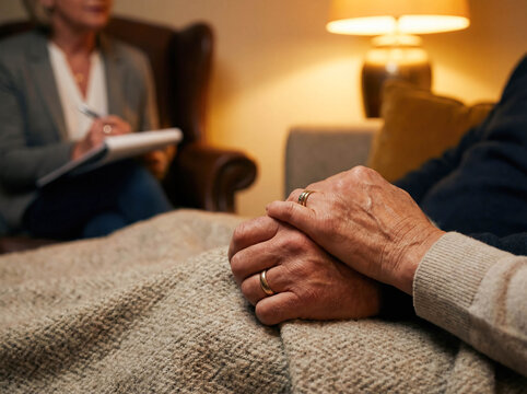 Young couple holding hands at marriage counseling session reconciliation relationship advice love support psychology husband and wife therapy trust mental health resolving conflict togetherness - Powered by Adobe