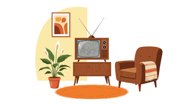 Cozy retro living room with vintage TV, comfy armchair, and vibrant earth tones for a nostalgic, relaxed vibe perfect for home decor