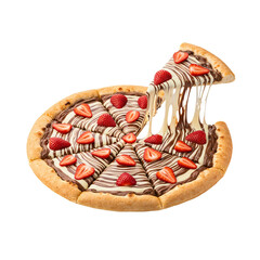 Obraz premium A sweet strawberry dessert pizza with chocolate cream and a single slice being lifted, showing the gooey texture of the toppings, against a transparent background.