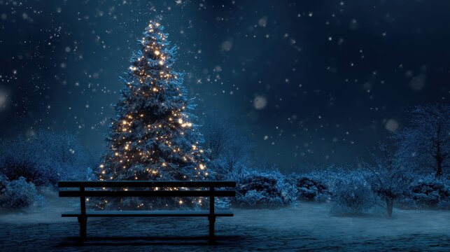 Christmas tree illuminated with golden lights in a snowy winter landscape with a park bench at night, festive digital illustration
