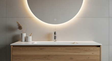 Contemporary bathroom interior featuring a meticulously designed wooden vanity, sleek illuminated round mirror, and a harmonious blend of modern fixtures