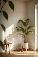 Fototapeta premium Bright Indoor Plant Near Window Casting Shadows on Wall
