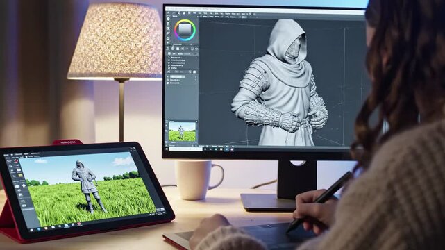 Woman creating 3d character model on computer using wacom tablet and stylus for digital art