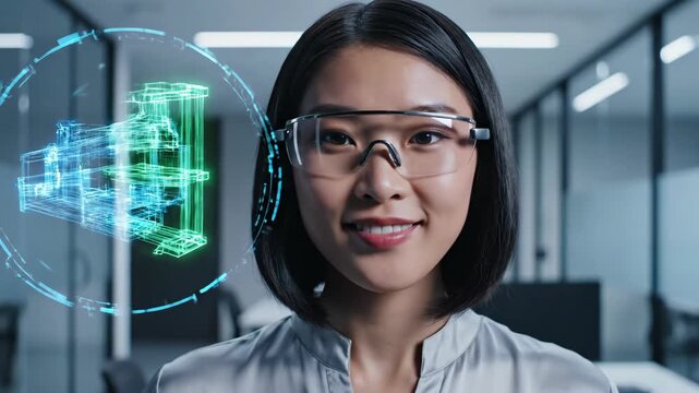 Woman using augmented reality glasses to interact with holographic models in office. Closeup sequence of digital interface manipulation. Virtual 3D visualization and futuristic technology concept for - Powered by Adobe