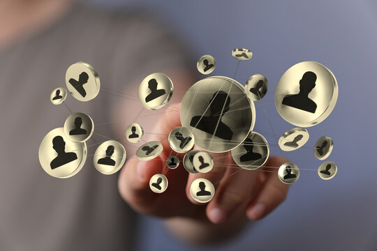 Network of people silhouettes on virtual screen. Social network concept, abstract technology. Connecting, communicating. - Powered by Adobe