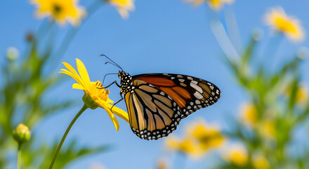 Obraz premium Monarch Butterfly with Orange Wings on Yellow Wildflower - Pollinating Insect Macro Photography in Sunny Meadow with Clear Blue Sky Background
