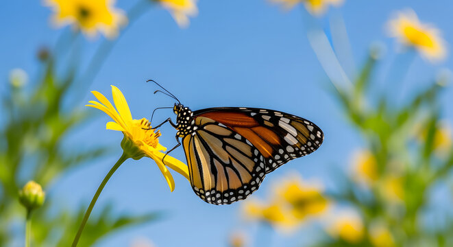 Monarch Butterfly with Orange Wings on Yellow Wildflower - Pollinating Insect Macro Photography in Sunny Meadow with Clear Blue Sky Background - Powered by Adobe