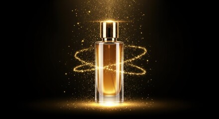 Elegant perfume bottle with golden accents and sparkling light on a dark background