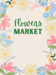 Colorful Valentine's Day, Holiday party greeting card, rsvp, save the date with floral candy cute wildflower meadow field background. Hand drawn doodle romantic template