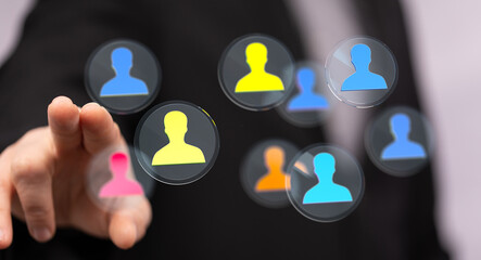 Concept of selecting or choosing team members, networking or hiring for business. Digital human touch. Business, partnership, people, and teamwo