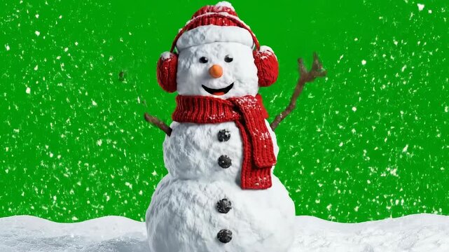 A realistic 4K snowman in a winter wonderland scene, perfect for Christmas and New Year celebrations, isolated on a greenscreen or green screen for easy compositing
