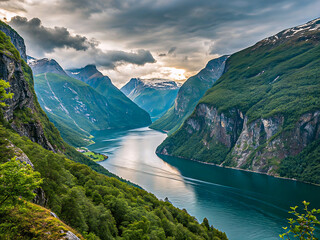 Majestic Scandinavian Fjord Surrounded by Snow-Capped Peaks and Lush Green Cliffs