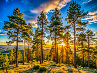 Majestic Pine Forest at Golden Hour Sunset with Sun Rays Through Trees