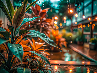 Rainy Day Aesthetic with Water Drops on Green Leaves & Warm Bokeh Lights
