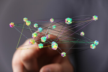 An abstract network of colorful cubes connected with lines, symbolizing connection and digital communication. R
