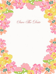 Colorful Valentine's Day, Holiday party greeting card, rsvp, save the date with floral candy cute wildflower meadow field background. Hand drawn doodle romantic template