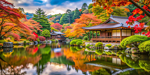 Stunning Japanese Garden in Autumn with Vibrant Red Maple Trees & Traditional Tea House