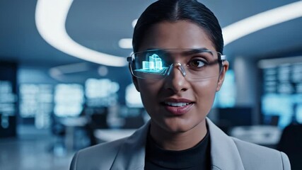 Asian woman using augmented reality glasses in futuristic office. Virtual holographic interface for digital interaction. Modern technology and innovation concept for professional work. - Powered by Adobe
