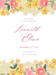 Colorful Valentine's Day, Holiday party greeting card, rsvp, save the date with floral candy cute wildflower meadow field background. Hand drawn doodle romantic template