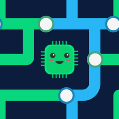Cute circuit board maze seamless pattern. Vector flat design of electronic lines and nodes. Future technology pattern for engineering camp branding, gadget packaging, or smart device wallpaper.