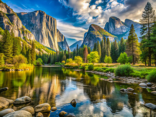 Stunning Valley Golden Hour – Clear Merced River & Dramatic Granite Cliffs Landscape