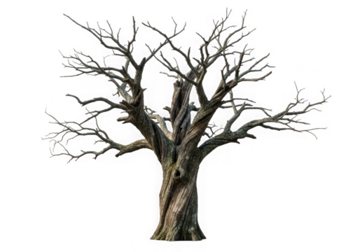 A gnarled old tree with bare branches against a transparent  background