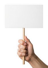 A hand holding a blank white sign on a wooden stick against transparent background