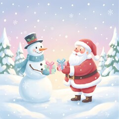 Fototapeta premium Cartoon Santa Claus and Snowman Exchanging Christmas Gifts